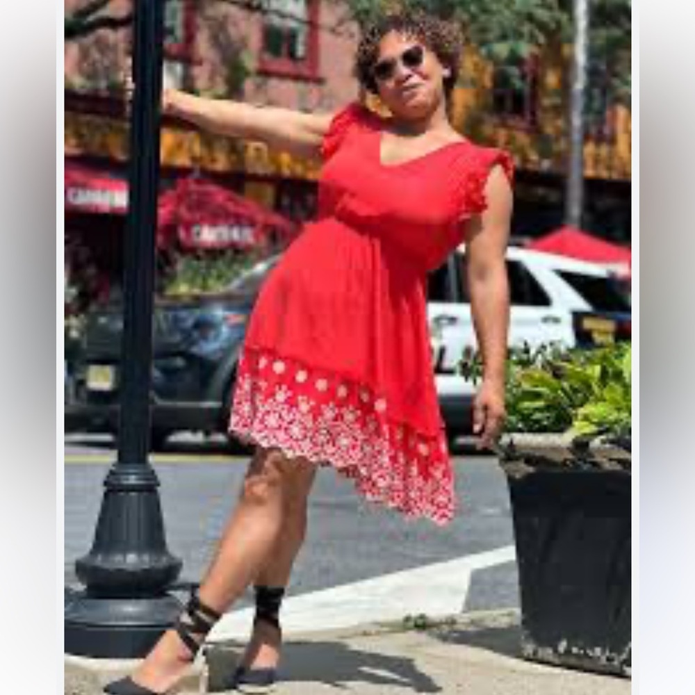 Solitaire-Flutter Short Sleeve Fit & Flare Elastic Waist Dress, Red, Size L/XL